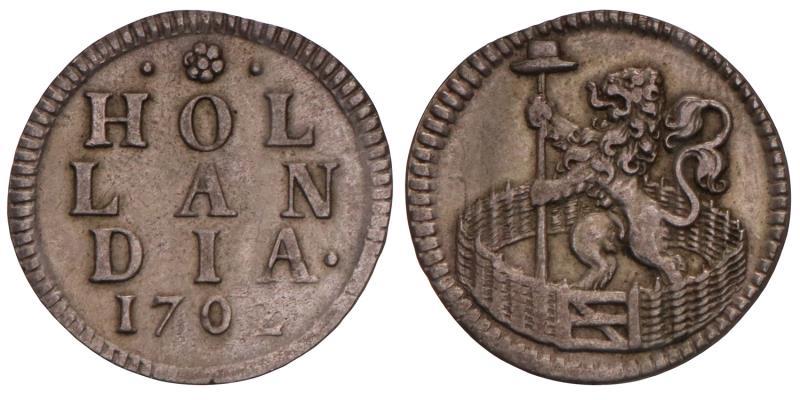 Duit afslag in zilver Holland 1702. Zeer Fraai.