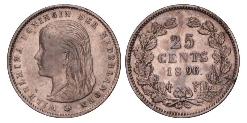 25 Cent Wilhelmina 1896. Zeer Fraai / Prachtig.