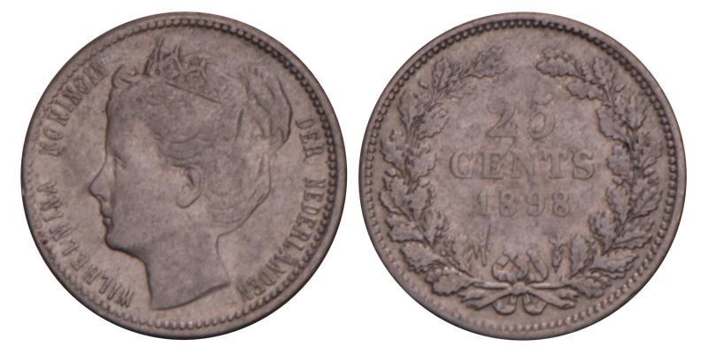 25 Cent Wilhelmina 1898. Zeer Fraai.