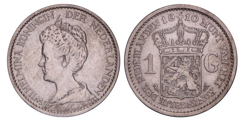 1 Gulden Wilhelmina 1910. Zeer Fraai / Prachtig. 