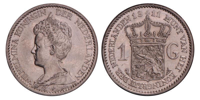 1 Gulden Wilhelmina 1911. Prachtig +. 