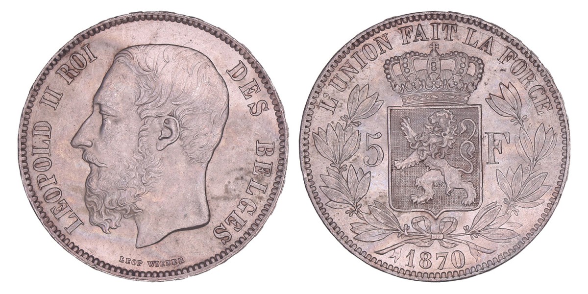 Belgium. Leopold II. 5 Francs. 1870.