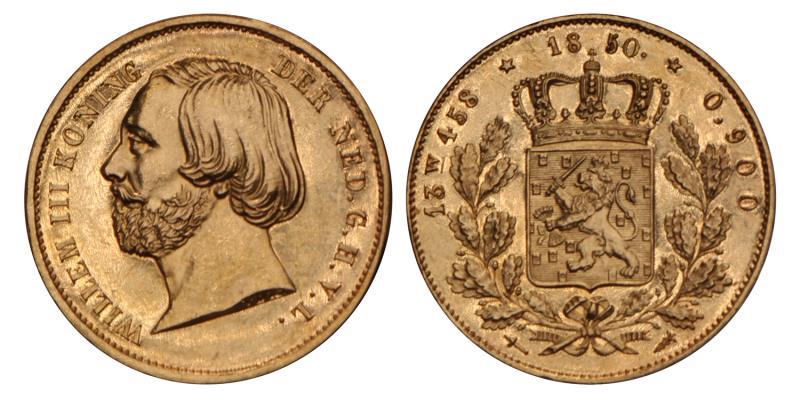 20 Gulden goud Willem III 1850. Prachtig / FDC.