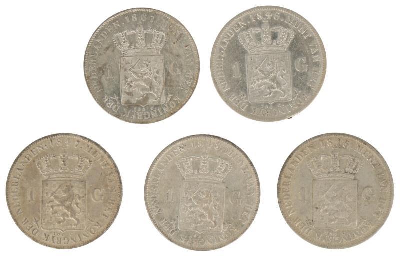 Lot: (5x) Guldens 1845, 1846 lelie, 1847, 1848 en 1861. Kwaliteit varieerd tussen Zeer Fraai & Prachtig / FDC.