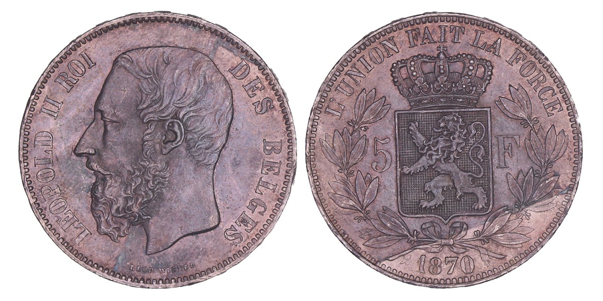 Belgium. Leopold II. 5 Francs. 1870.