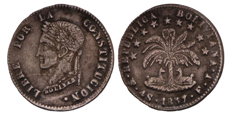 Bolivia. Republic. 4 Soles. 1857 FJ.