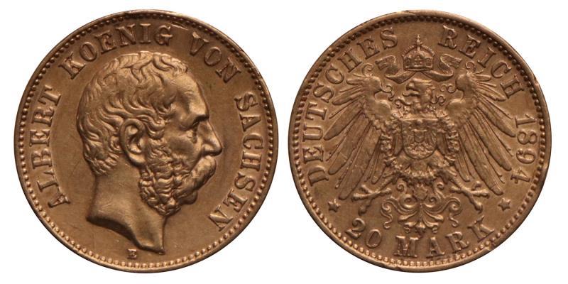 Germany. Saxony. Albert. 20 Mark. 1894 E.