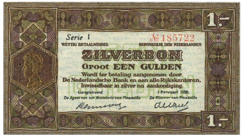 Nederland. 1 gulden. Zilverbon. Type 1920. - Prachtig +.