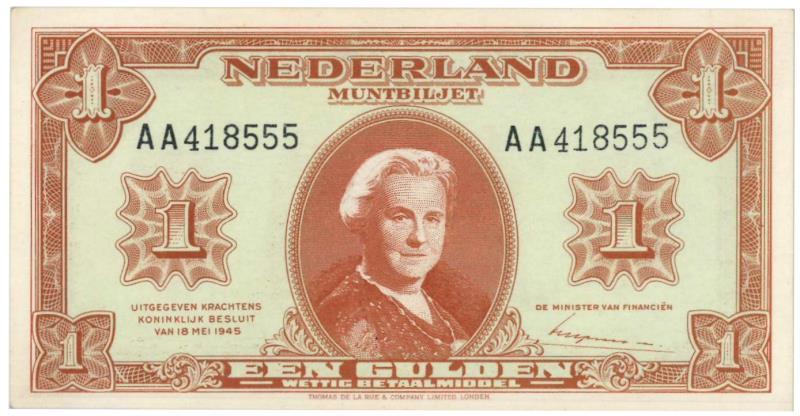 Nederland. 1 gulden. Muntbiljet. Type 1945. Wilhelmina II - Nagenoeg UNC.