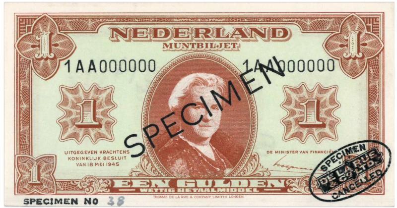 Nederland. 1 gulden. Muntbiljet. Type 1945. Wilhelmina II - UNC.