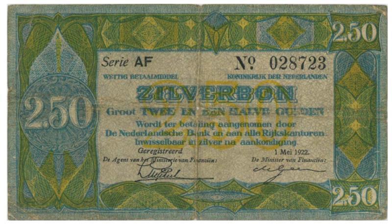 Nederland. 2½ gulden. Zilverbon. Type 1918. - Zeer Fraai -.