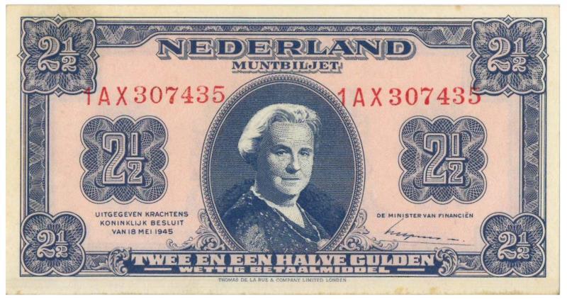 Nederland. 2½ gulden. Muntbiljet. Type 1945. Wilhelmina II - Nagenoeg UNC.