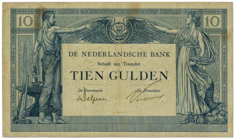 Nederland. 10 gulden. Bankbiljet. Type 1921. Arbeid en Welvaart II - Zeer Fraai.