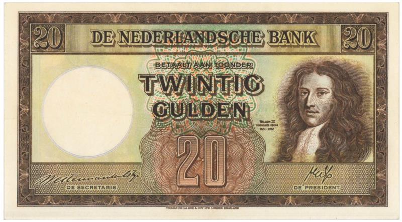 Nederland. 20 gulden. Bankbiljet. Type 1945. Stadhouder Willem III - Prachtig.