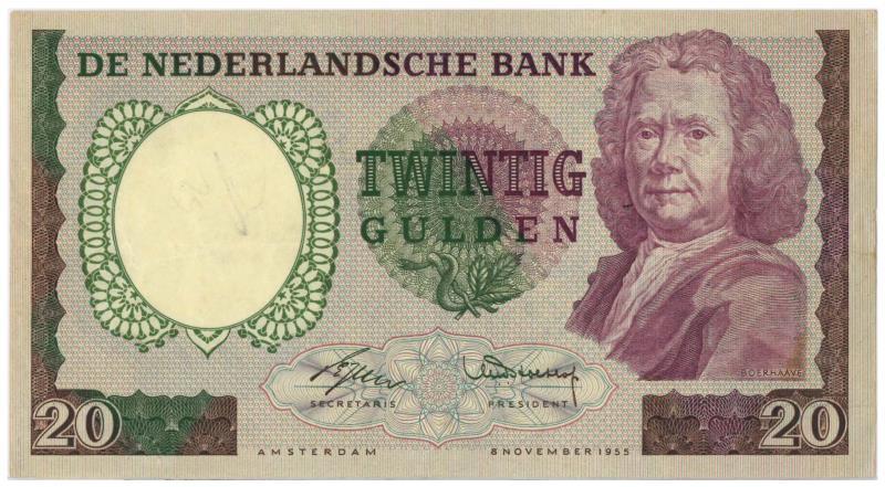 Nederland. 20 gulden. Bankbiljet. Type 1955. Boerhaave - Zeer Fraai +.
