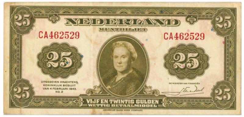 Nederland. 25 gulden. Muntbiljet. Type 1943. Wilhelmina - Zeer Fraai.