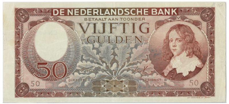 Nederland. 50 gulden. Bankbiljet. Type 1945. Stadhouder Willem III - Zeer Fraai / Prachtig.