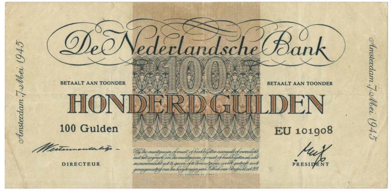 Nederland. 100 gulden. Bankbiljet. Type 1945. Geldzuivering - Zeer Fraai +.