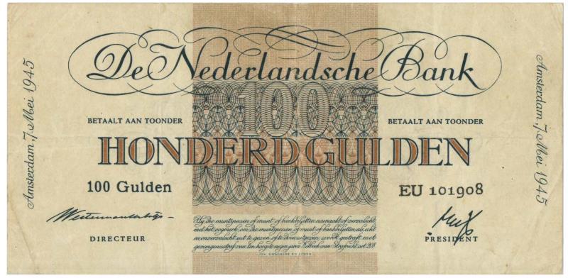 Nederland. 100 gulden. Bankbiljet. Type 1945. Geldzuivering - Zeer Fraai +.