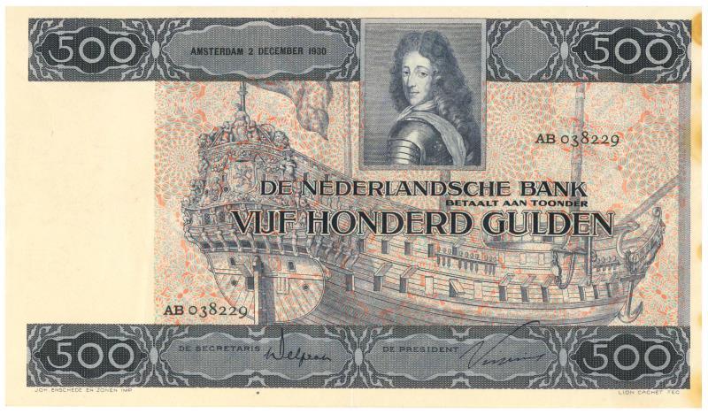 Nederland. 500 gulden. Bankbiljet. Type 1930. Stadhouder Willem III - Fraai / Zeer Fraai.