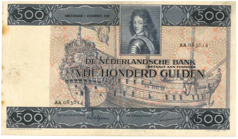 Nederland. 500 gulden. Bankbiljet. Type 1930. Stadhouder Willem III - Fraai +.
