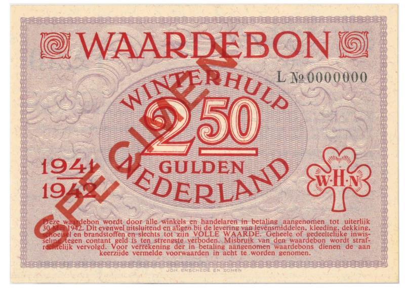 Nederland. 2 ½ gulden. Waardebon. Type 1941-1942. - UNC.