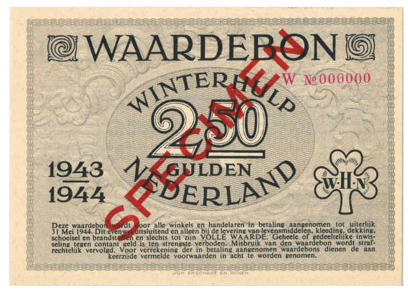 Nederland. 2 ½ gulden. Waardebon. Type 1943-1944. - UNC.