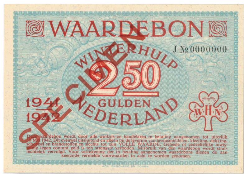 Nederland. 2 ½ gulden. Waardebon. Type 1941-1942. - UNC.