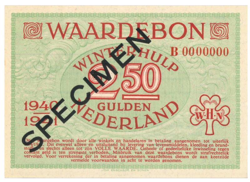 Nederland. 2 ½ gulden. Waardebon. Type 1940-1941. - UNC.