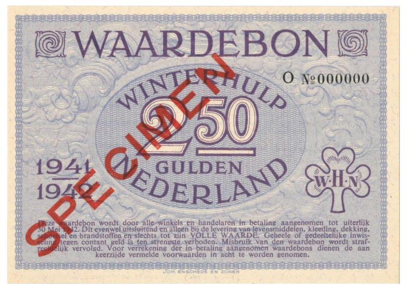 Nederland. 2 ½ gulden. Waardebon. Type 1941-1942. - UNC.