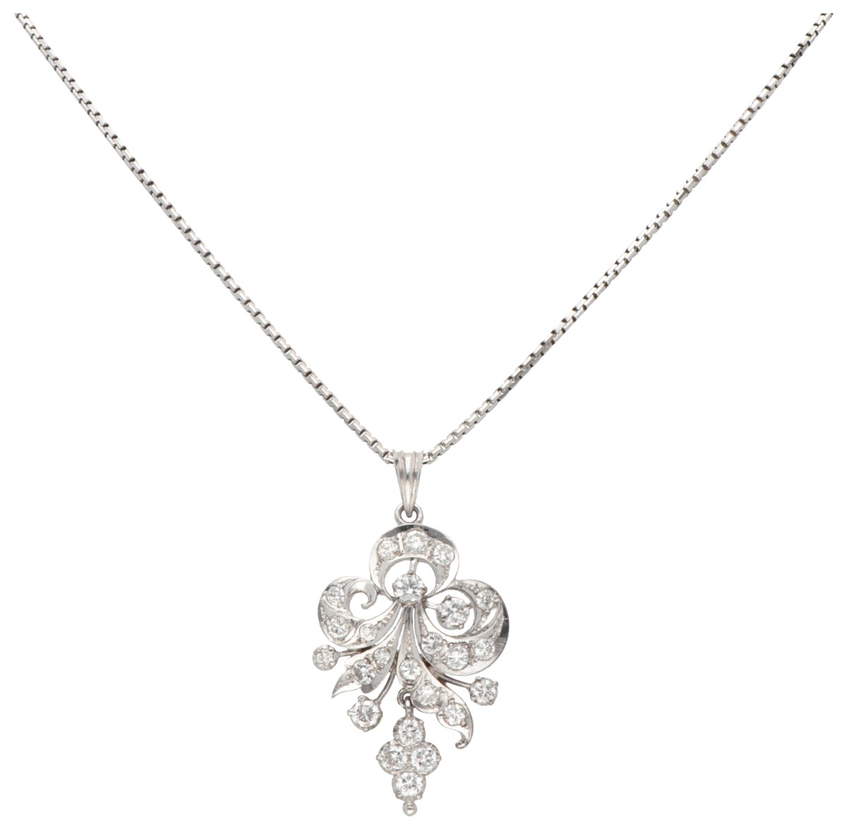 BWG 10K witgouden asymmetrische diamanten hanger aan collier bezet met ca. 0.72 ct. diamant.