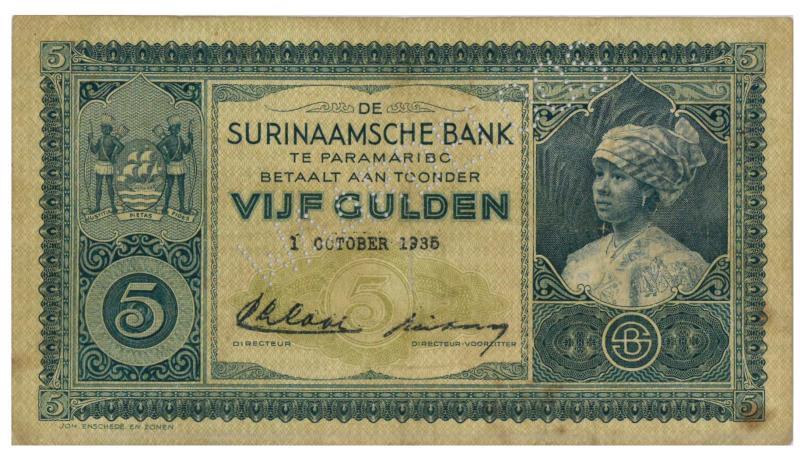 Suriname. 5 gulden. Bankbiljet. Type 1935. - Zeer Fraai.