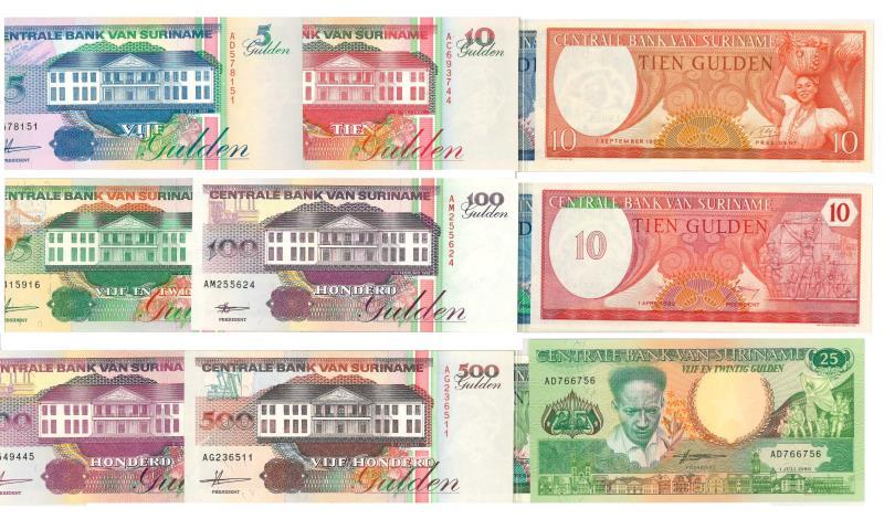 Suriname. 5/10/25/100/500. Bankbiljet. Type 1963-1998. - UNC.