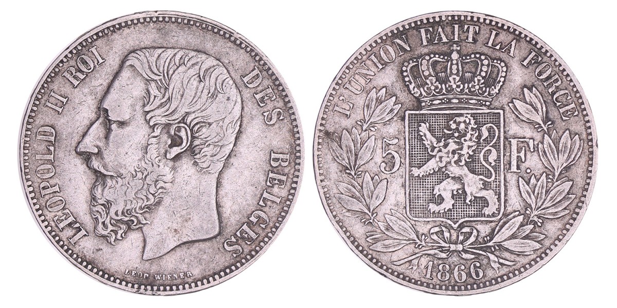 Belgium. Leopold II. 5 Francs. 1866.