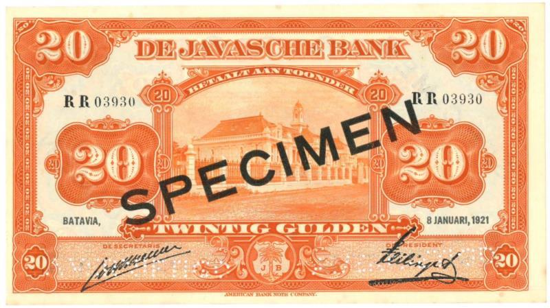 Netherlands-Indies. 20 gulden. Specimen. Type 1919. - UNC.