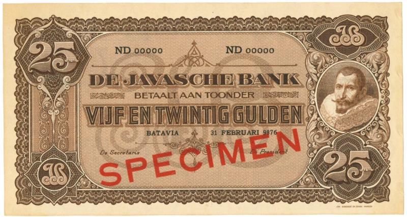 Netherlands-Indies. 25 gulden. Specimen. Type 1925. Jan Pieterszoon Coen - UNC.