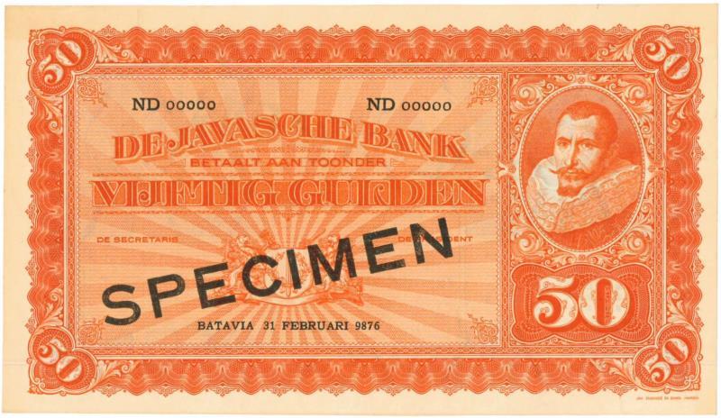 Netherlands-Indies. 50 gulden. Specimen. Type 1925. Jan Pieterszoon Coen - UNC.