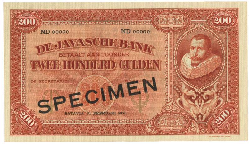 Netherlands-Indies. 200 gulden. Specimen. Type 1925. Jan Pieterszoon Coen - UNC.
