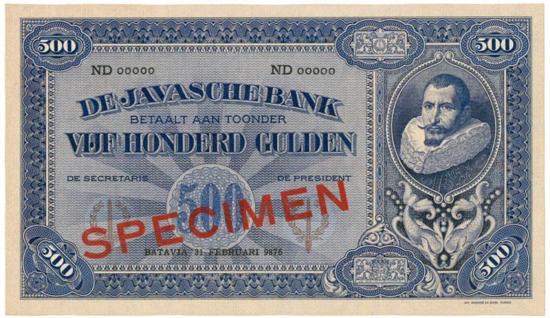 Netherlands-Indies. 500 gulden. Specimen. Type 1925. Jan Pieterszoon Coen - UNC.