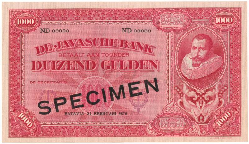 Netherlands-Indies. 1000 gulden. Specimen. Type 1925. Jan Pieterszoon Coen - UNC.