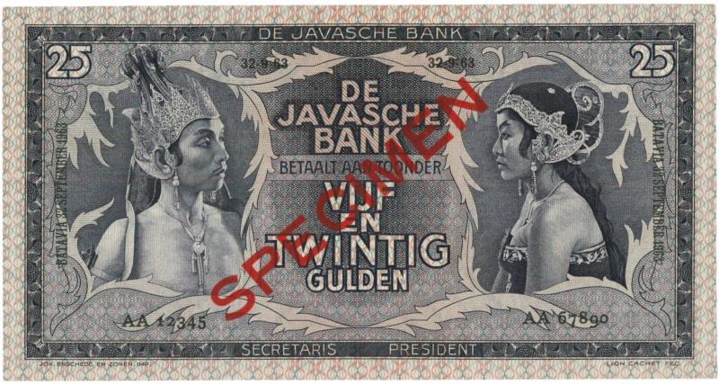 Netherlands-Indies. 25 gulden. Specimen. Type 1933. Javanese Dancers - UNC.