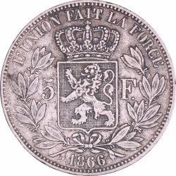 Belgium. Leopold II. 5 Francs. 1866.