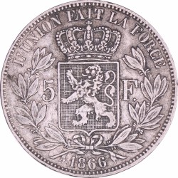 Belgium. Leopold II. 5 Francs. 1866.