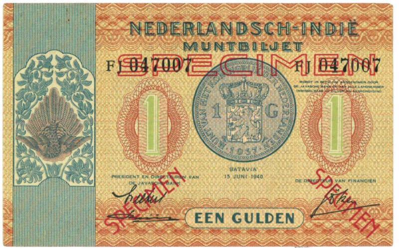 Netherlands-Indies. 1 gulden. Specimen. Type 1940. - UNC -.