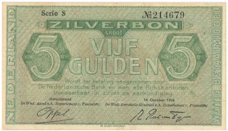 Nederland. 5 gulden. Zilverbon. Type 1944. - Zeer Fraai +.