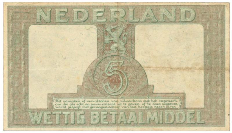 Nederland. 5 gulden. Zilverbon. Type 1944. - Zeer Fraai.