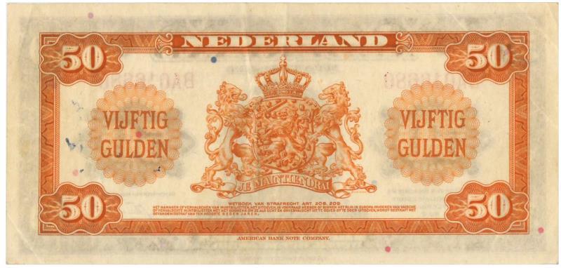 Nederland. 50 gulden. Bankbiljet. Type 1943. Wilhelmina - Zeer Fraai / Prachtig.