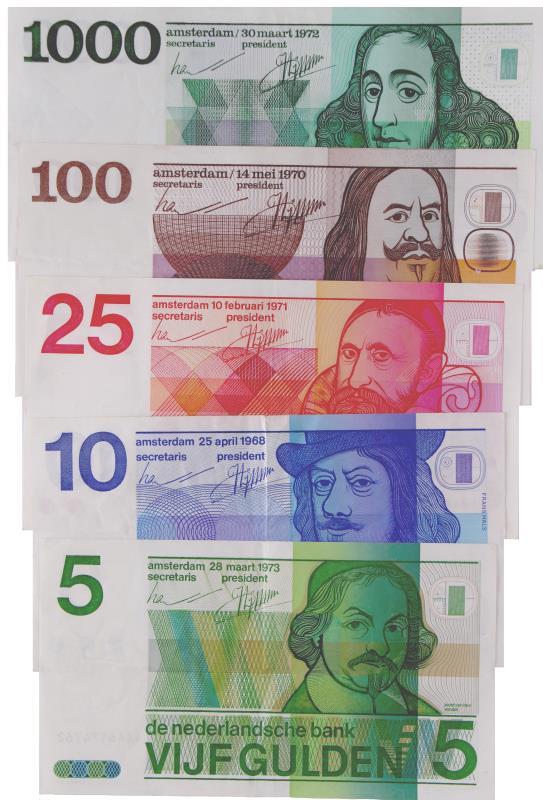 Nederland. 5/10/25/100/1000. Bankbiljet. Type 1968-1973. Vondel II/Frans Hals/Sweelinck/De Ruyter/Spinoza - Zeer Fraai +.