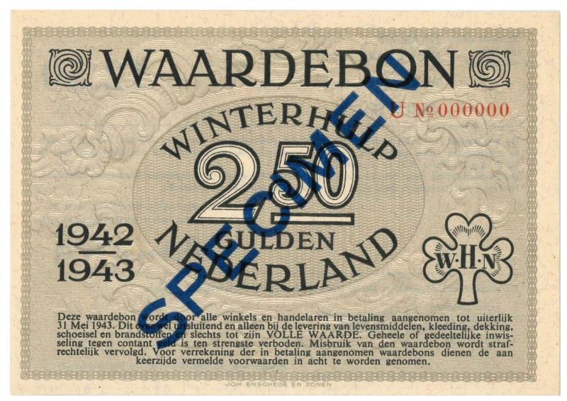 Nederland. 2 ½ gulden. Waardebon. Type 1942-1943. - UNC.