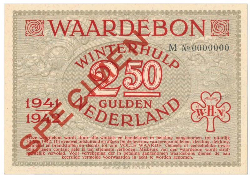 Nederland. 2 ½ gulden. Waardebon. Type 1941-1942. - UNC.